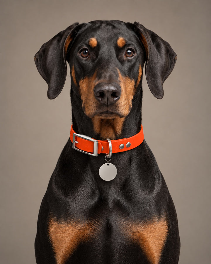 Collar MONO, Neon Orange / Silver, on a dog