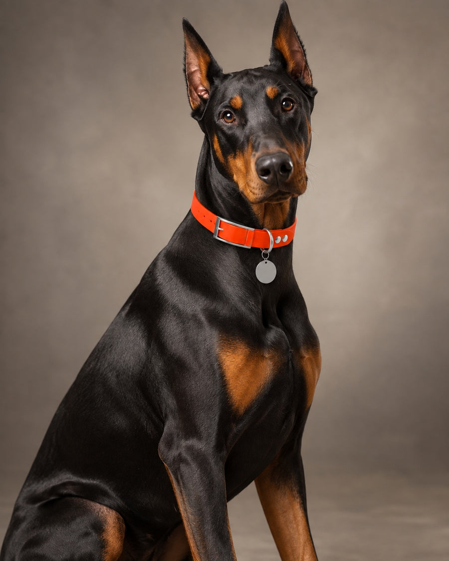 Collar MONO, Neon Orange / Silver, on a dog