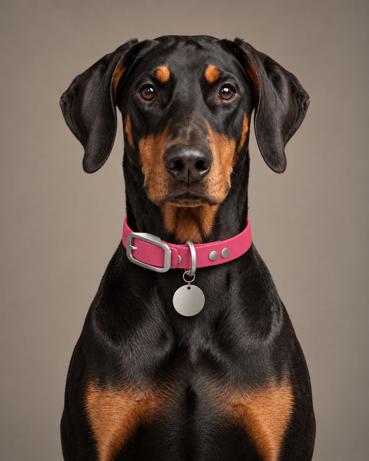 Collar MONO, Pink / Stainless Steel, on a dog