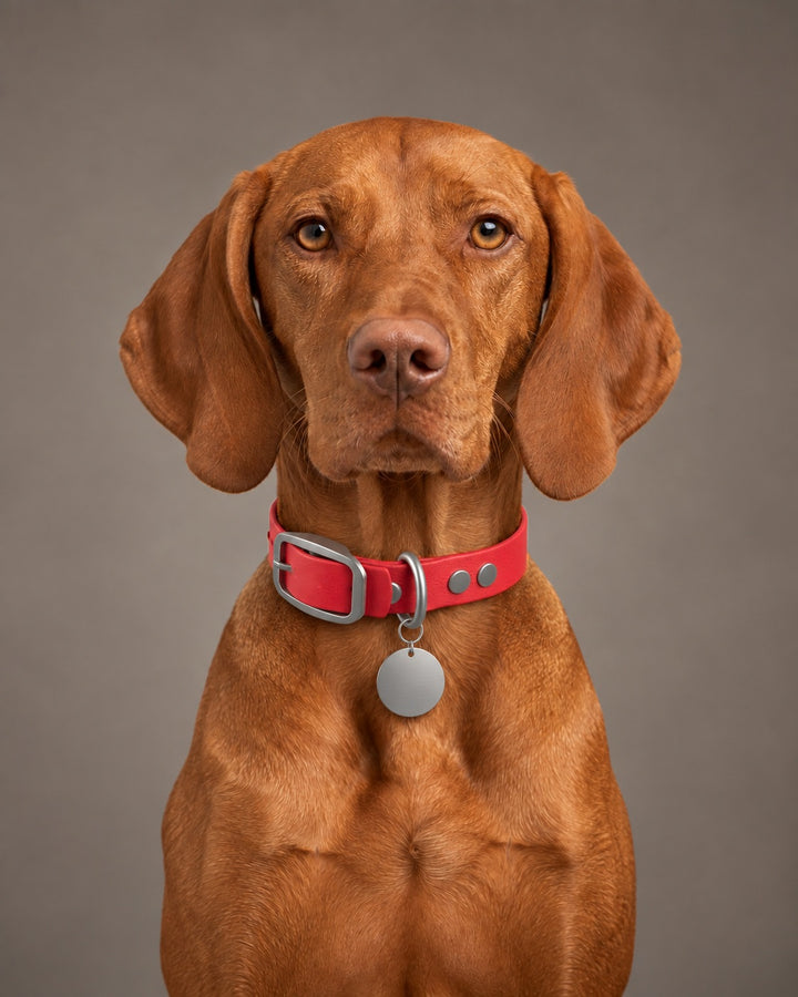 Collar MONO, Red / Stainless Steel, on a dog