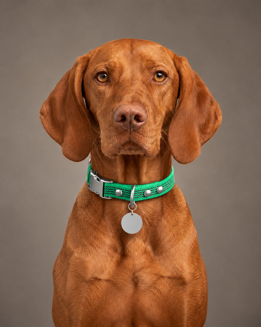 Collar QUICK, Green / Silver, on a dog