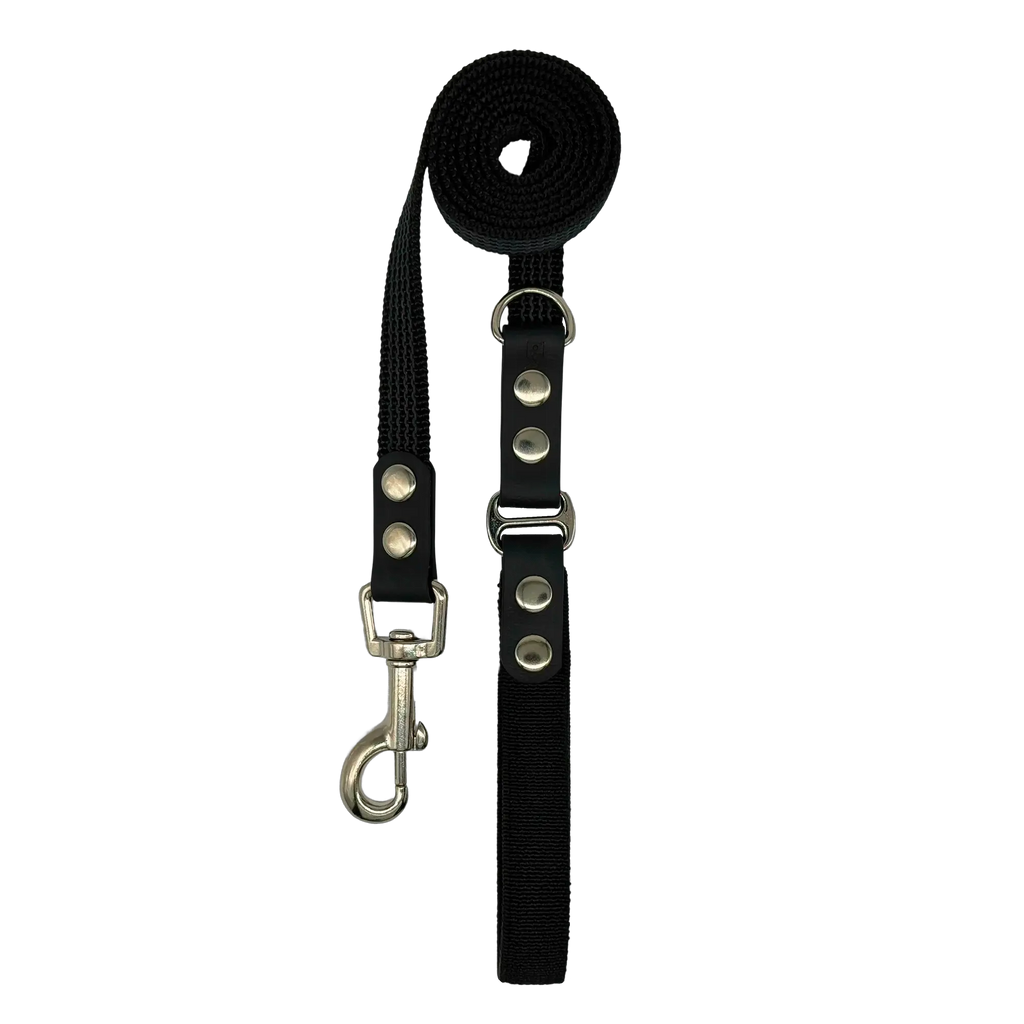 Black dog leash with metal clip on a white background