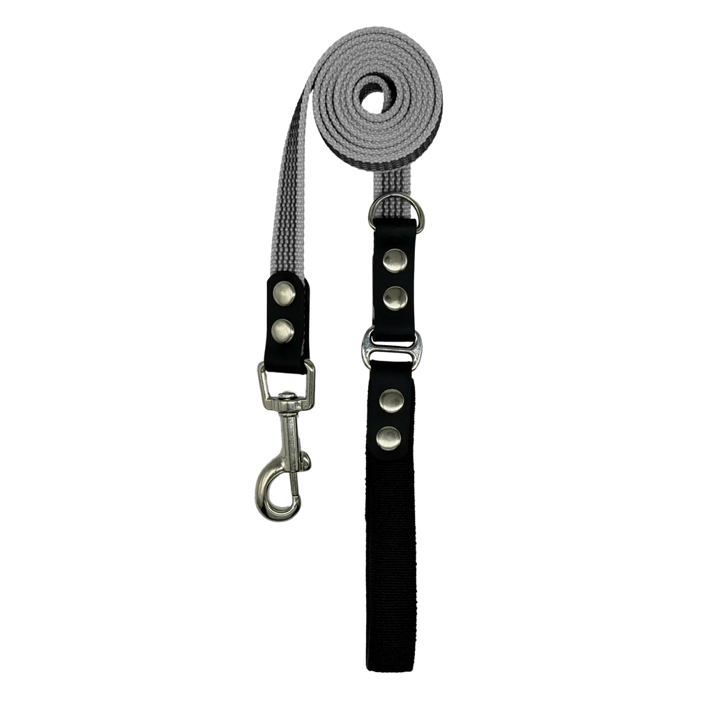 Dog leash with black handle and silver hardware on a white background