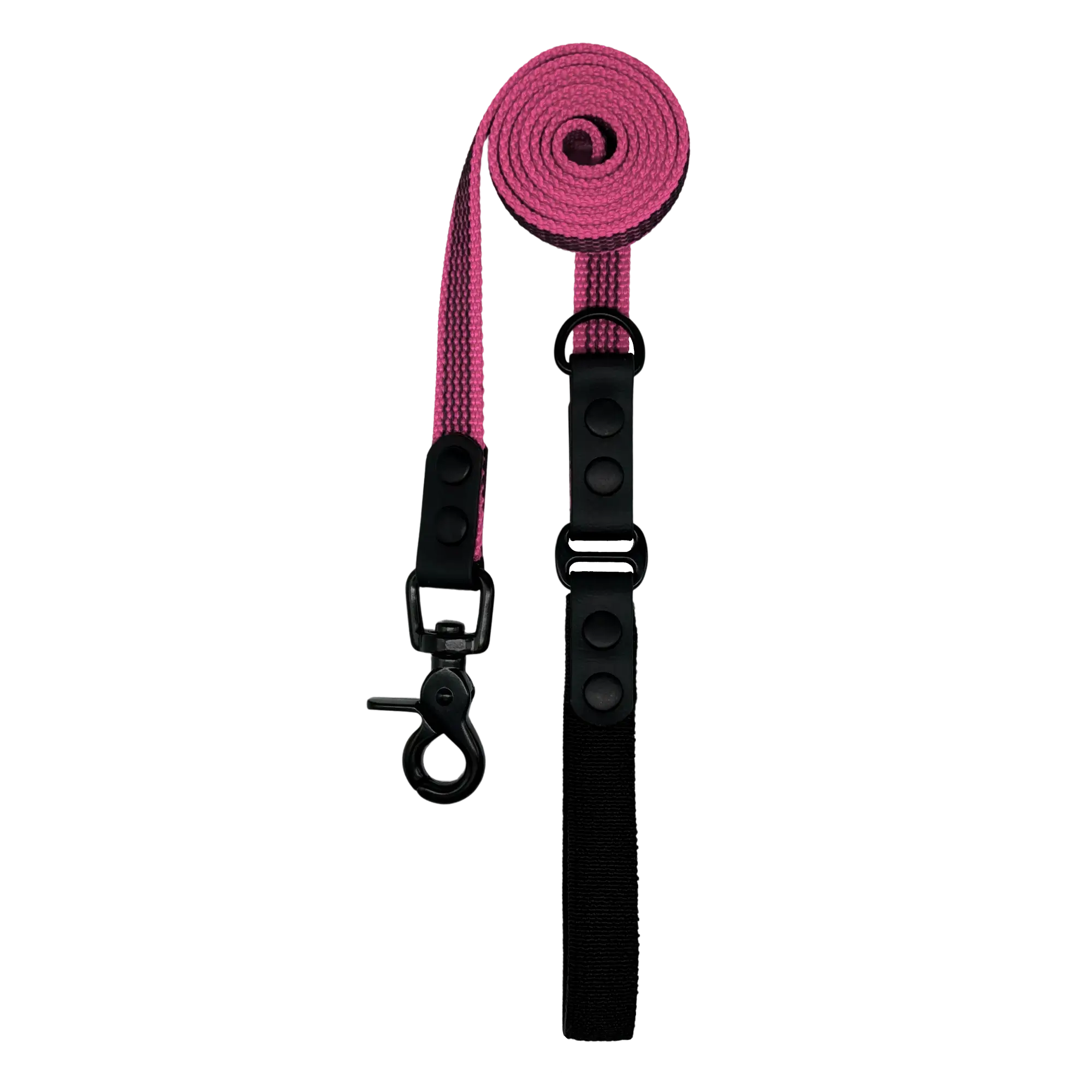 Pink dog leash with black metal clips on a white background