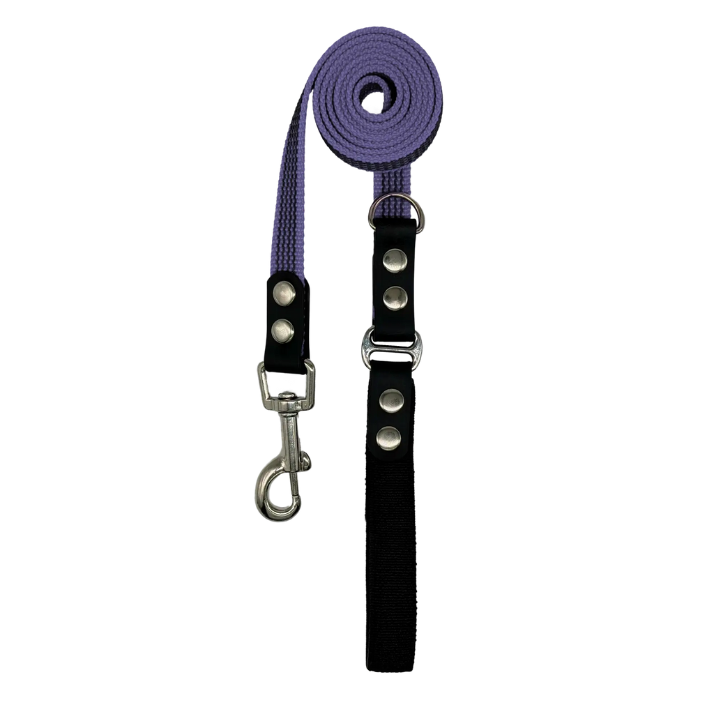 Purple dog leash with flex handle on a white background