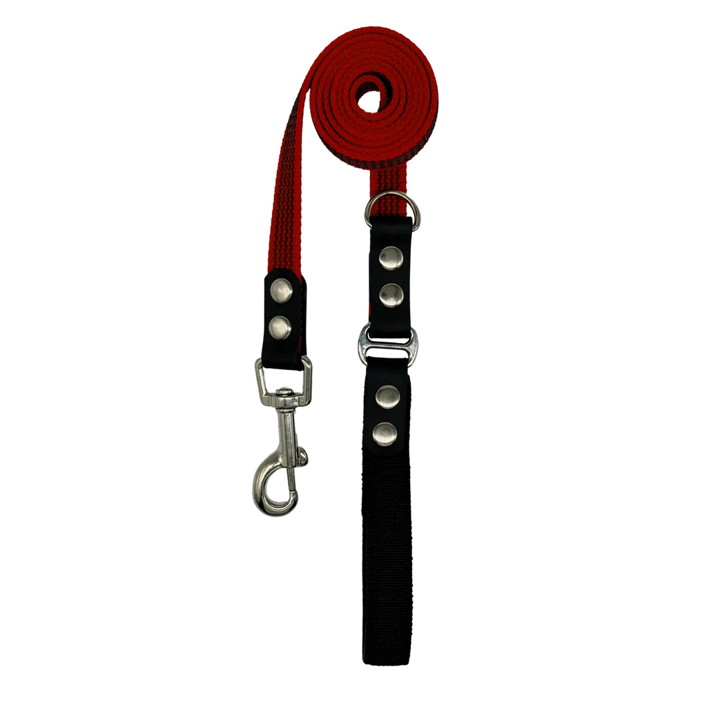 Black dog leash with red handle on a white background
