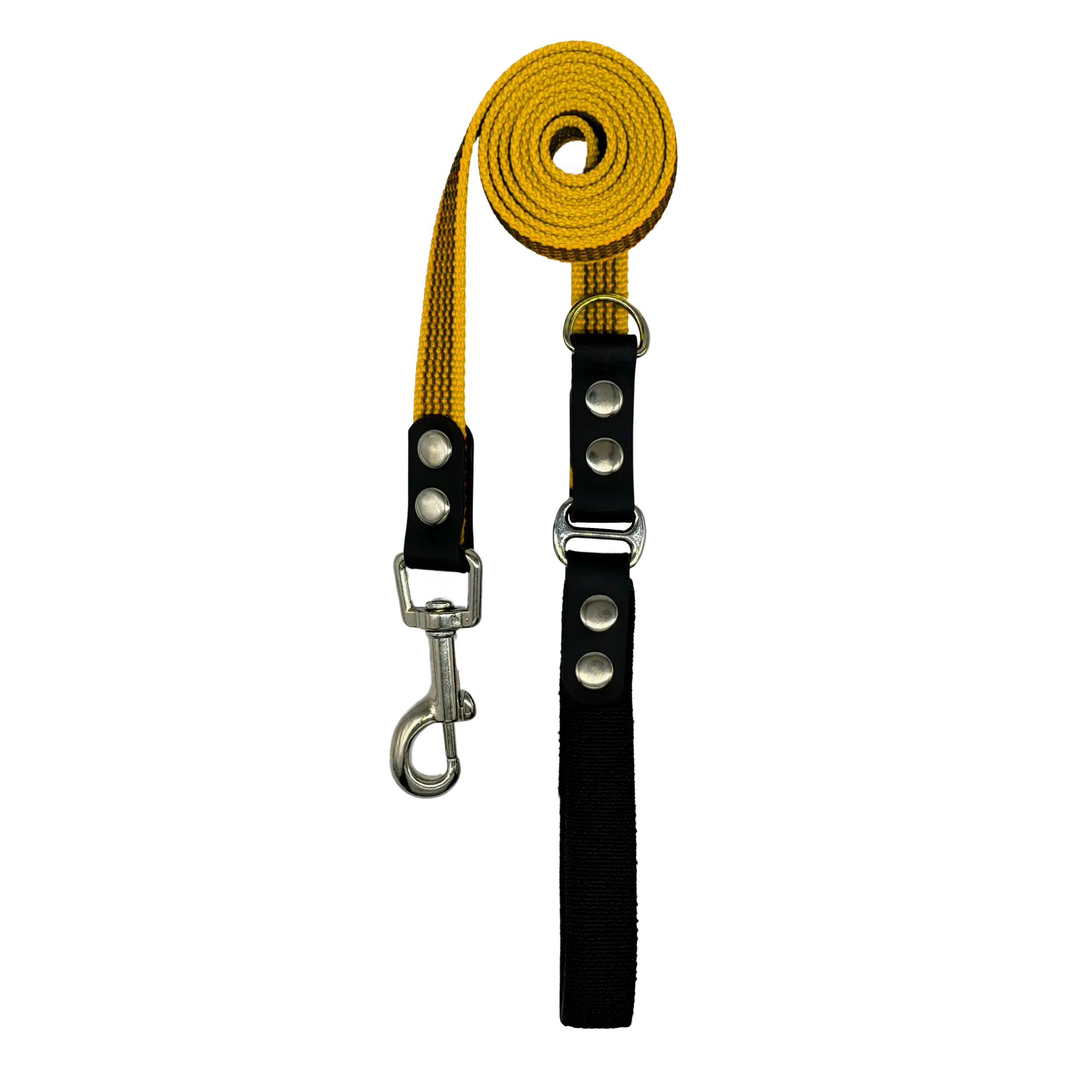 Dog leash with yellow and black sections on a white background