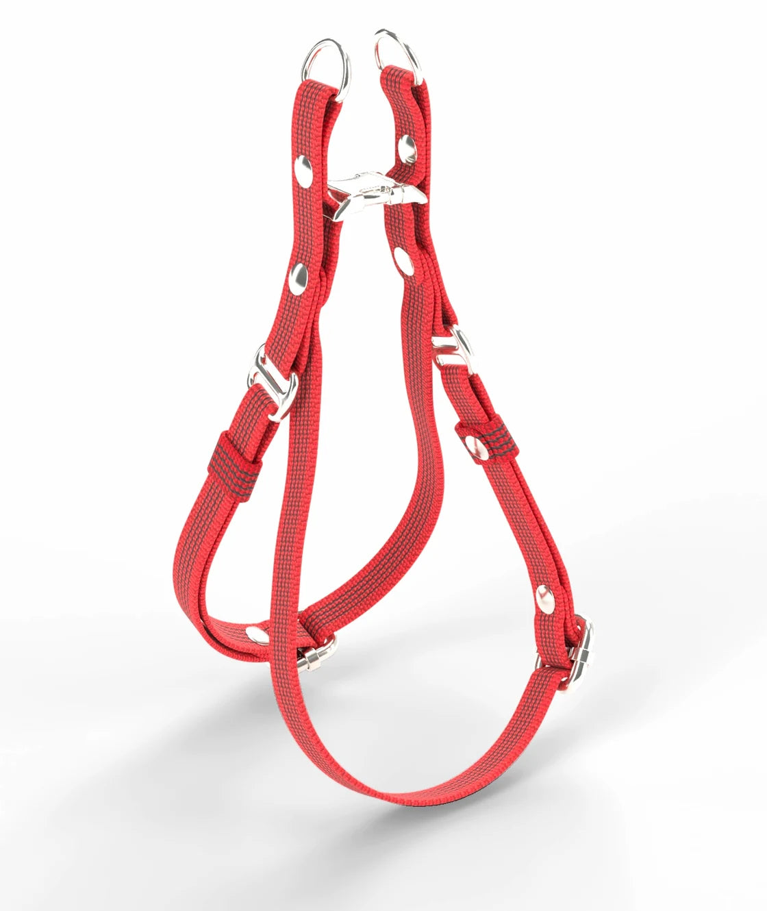 Harness QUICK in Red with Silver hardware, side-release buckle, two D-rings, 2-slot links, Type 1 slides, patch bands, Cap rivets, parts numbered