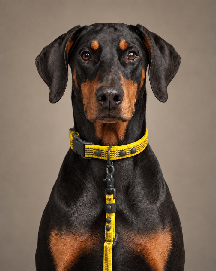 Leash FLEX, Yellow / Black, on a dog