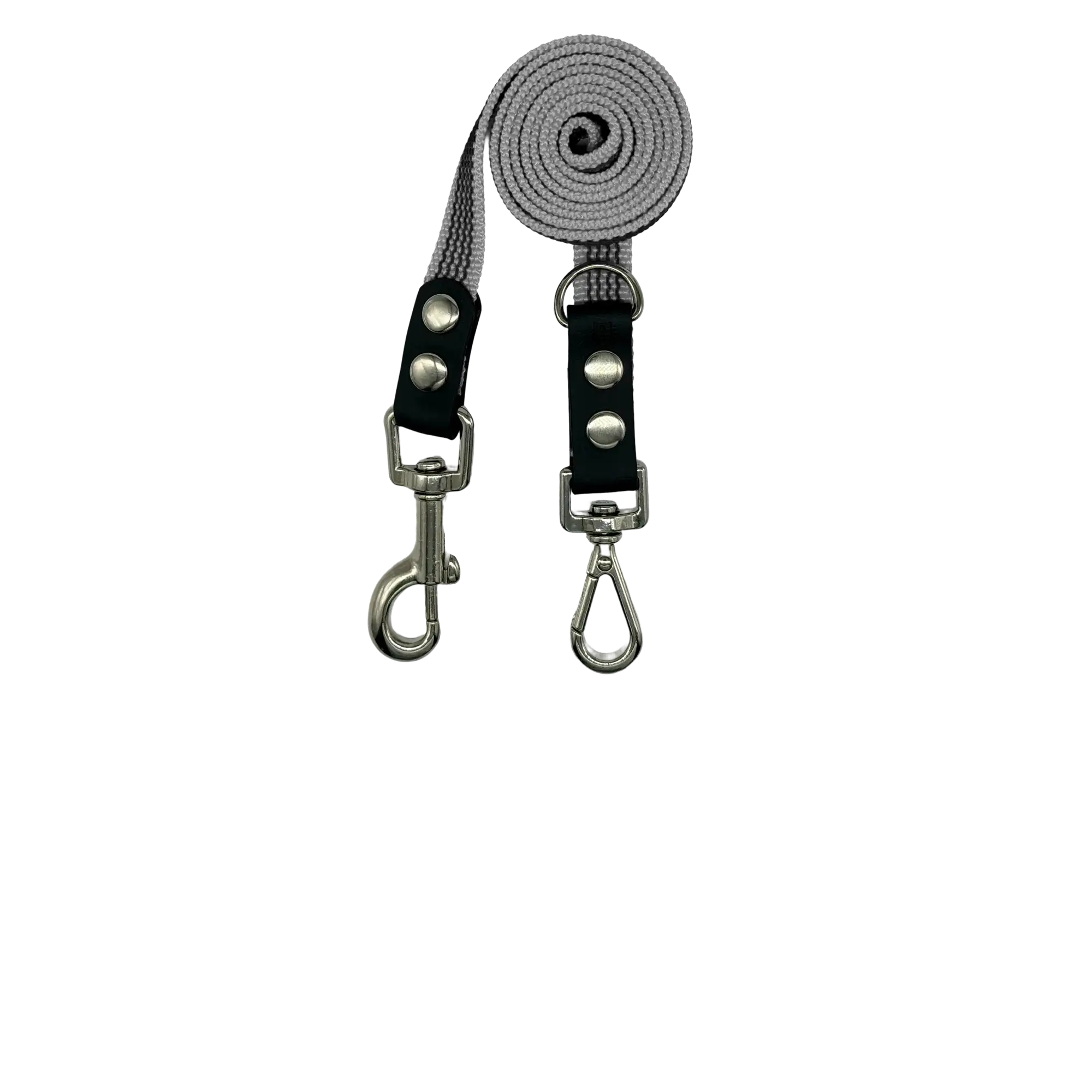 Gray dog leash with black clip and metal hooks on a white background
