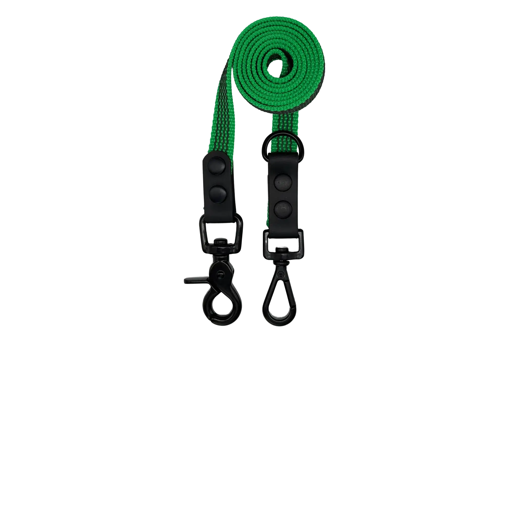 Green dog leash with black connectors on a white background