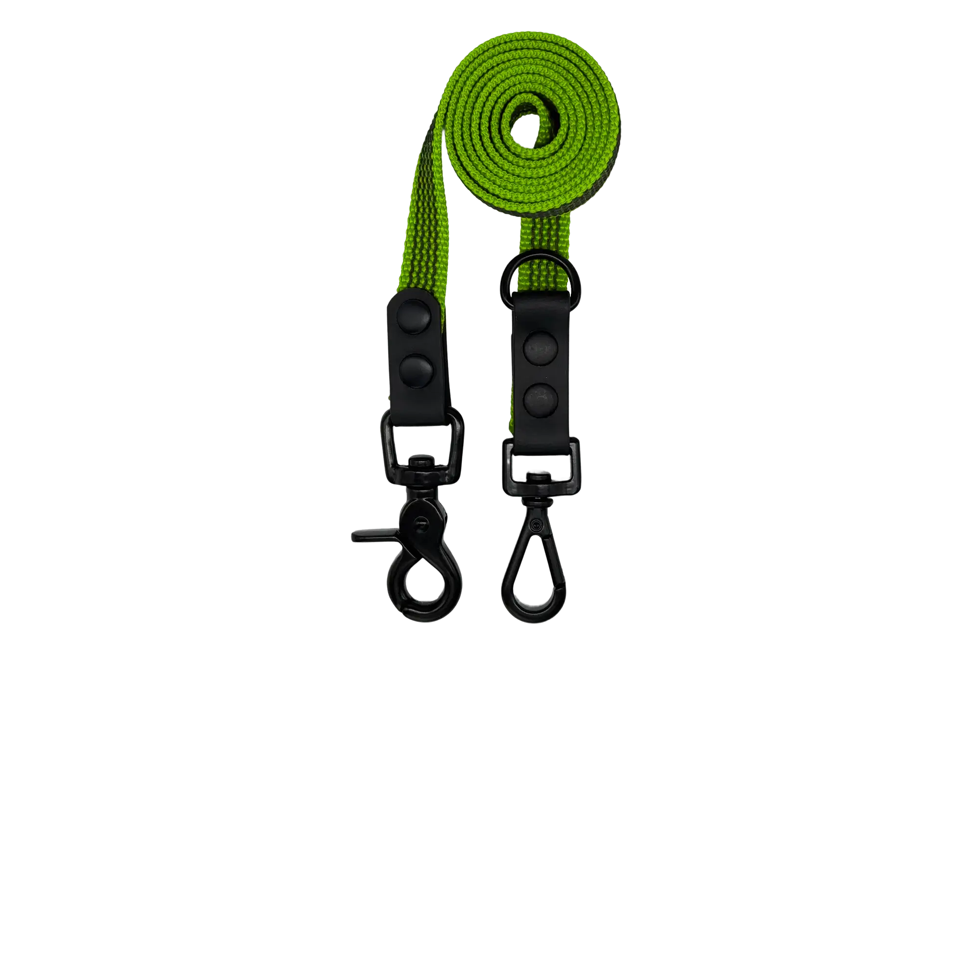 Lime dog leash with black connectors on a white background