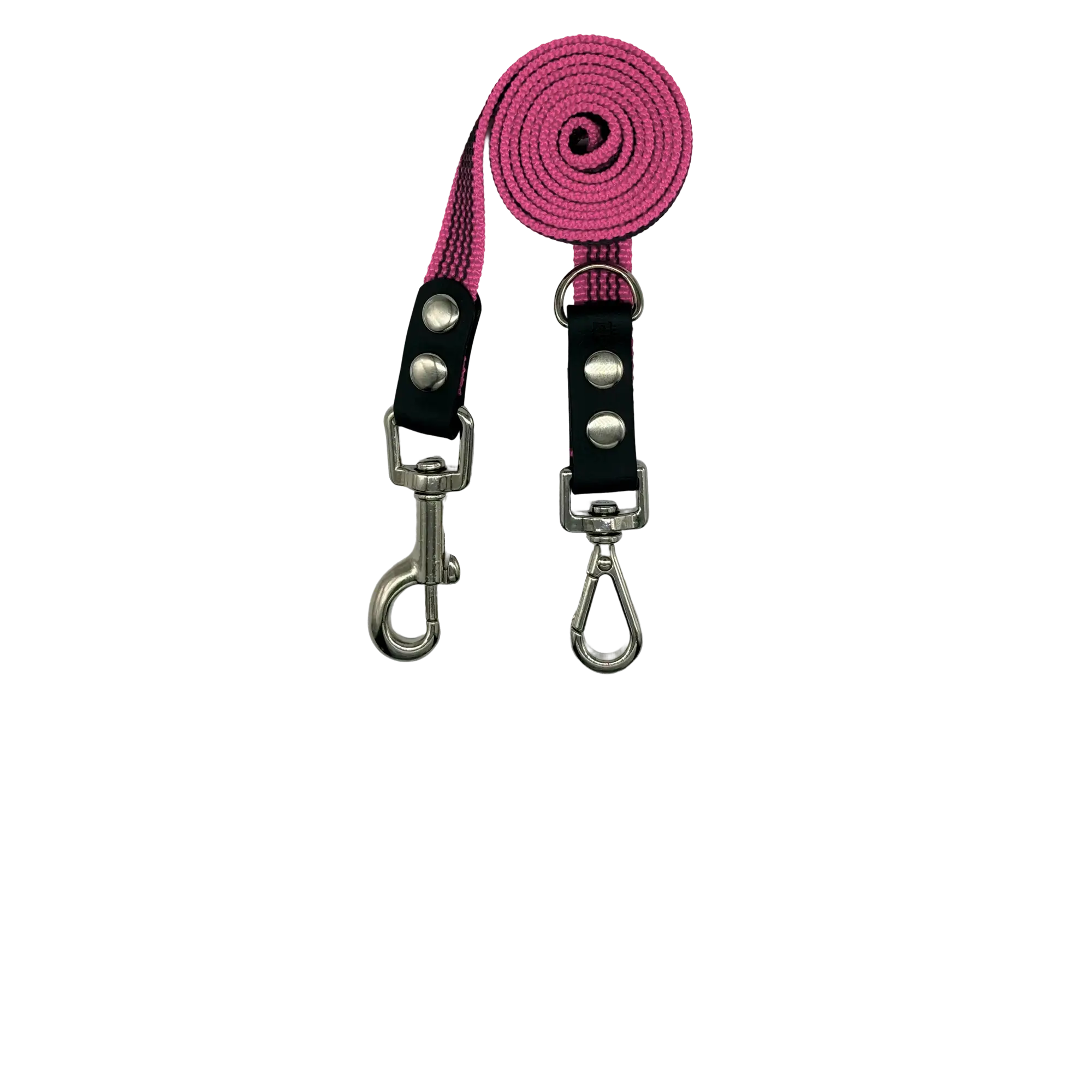 Pink dog leash with black sections and metal clips on a white background