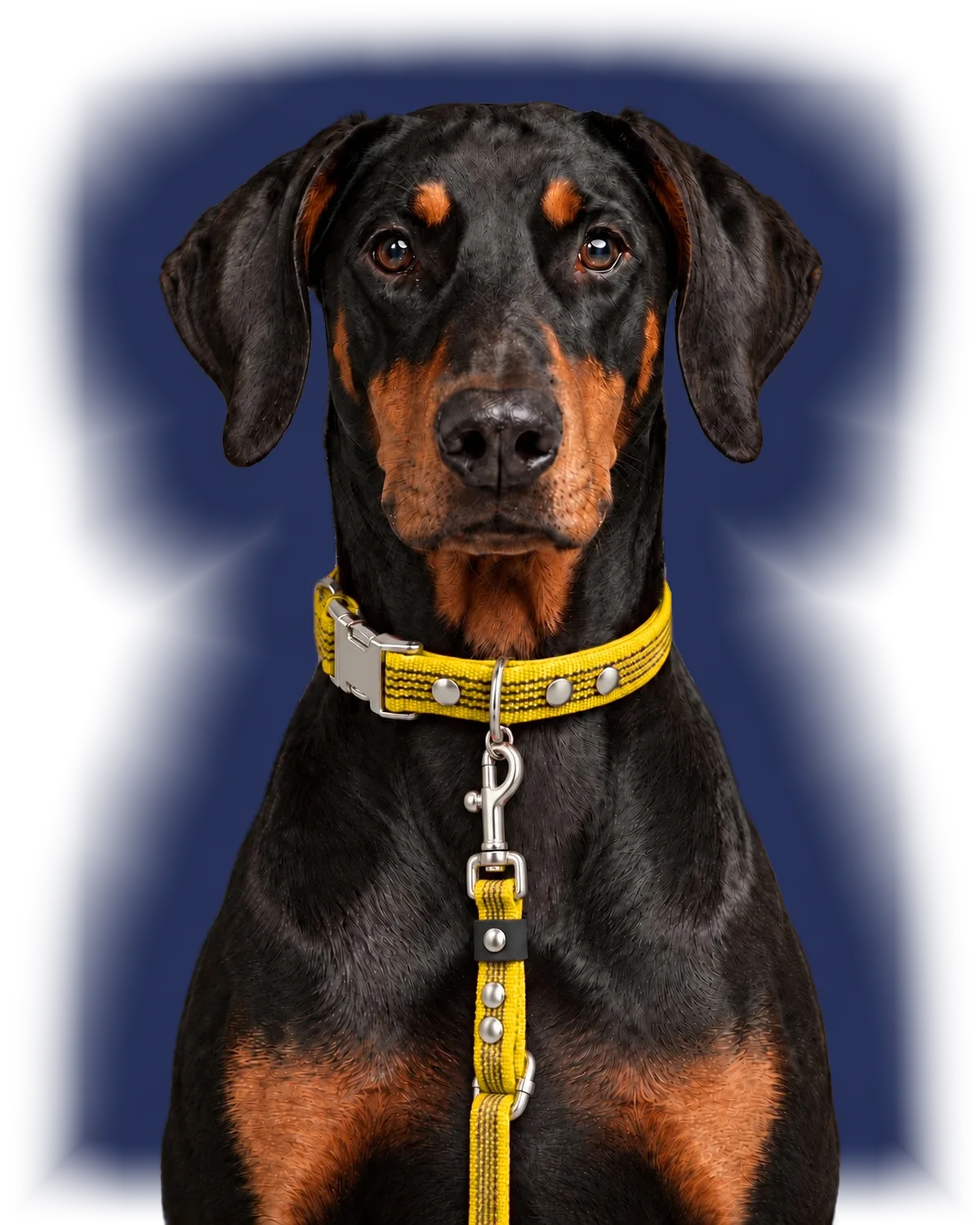 Doberman wearing Collar QUICK and Leash FLEX in Yellow
