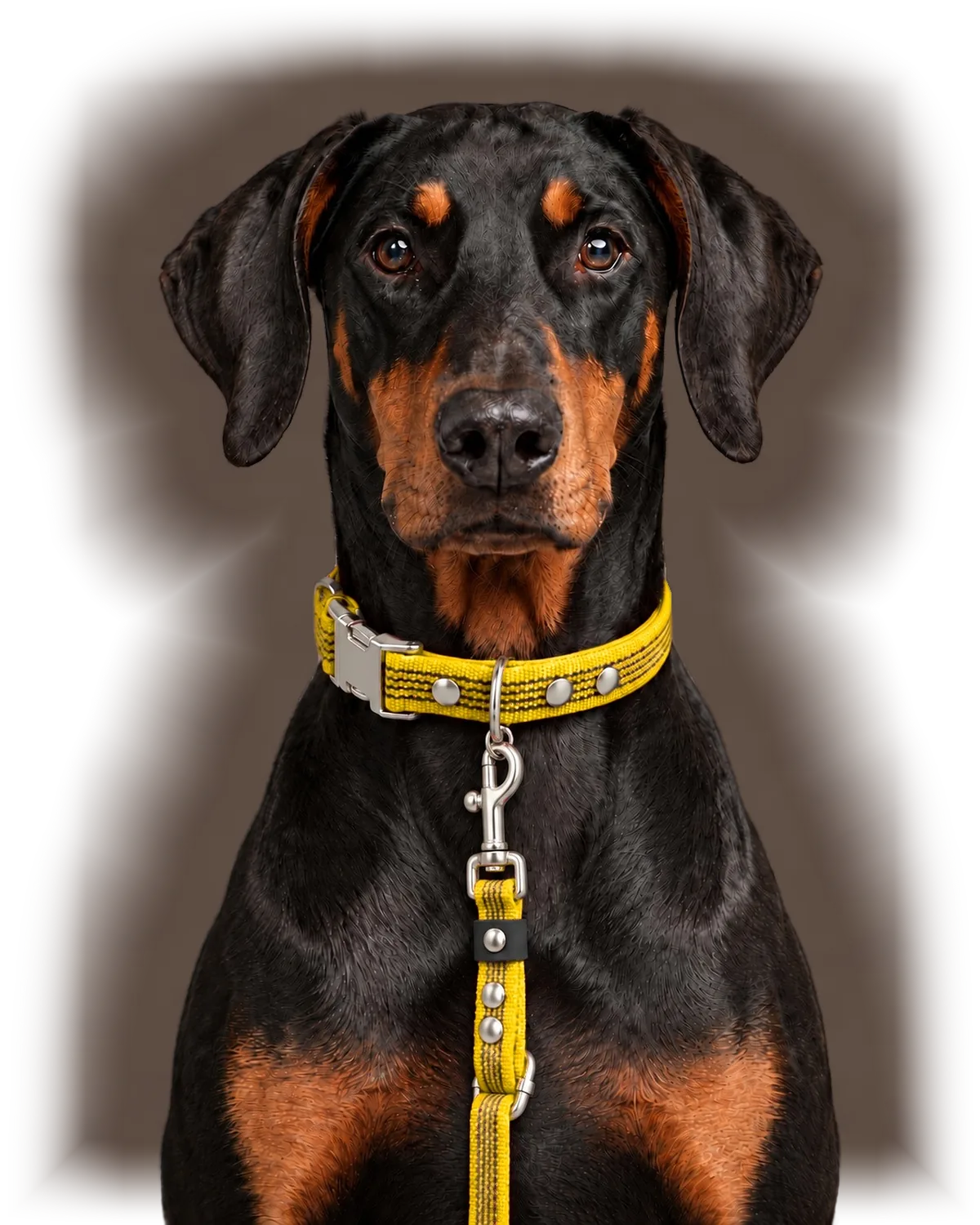 Doberman wearing Collar QUICK and Leash FLEX in Yellow